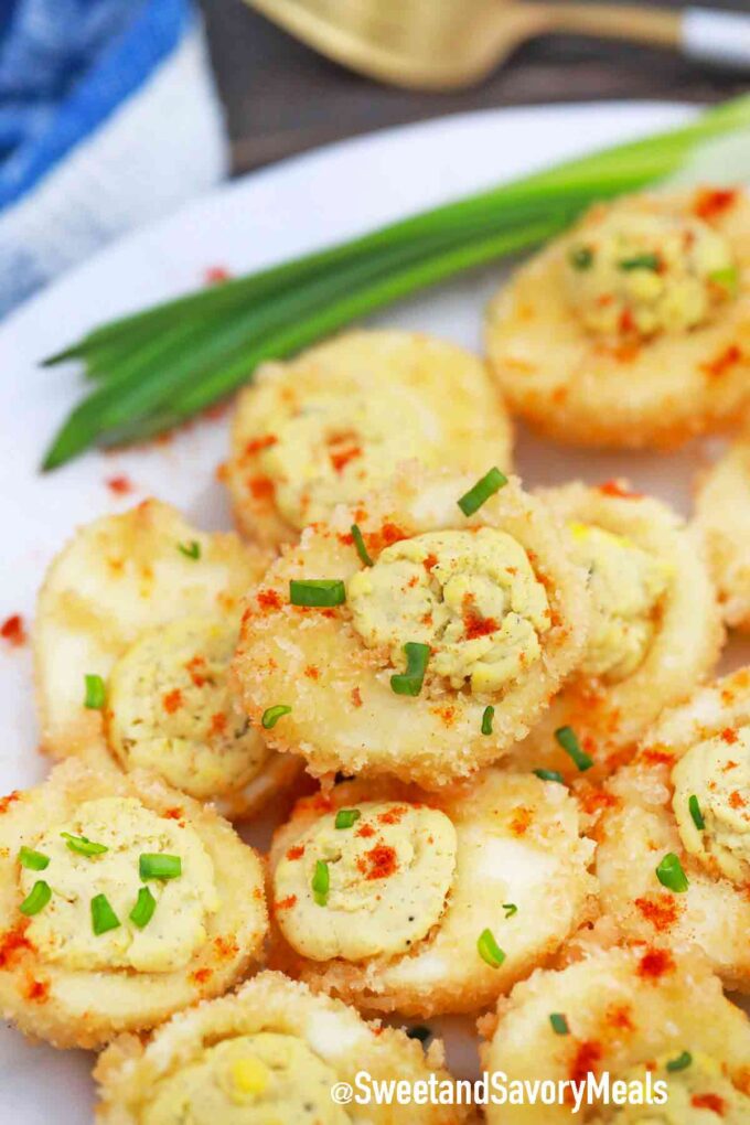 stack of fried deviled eggs