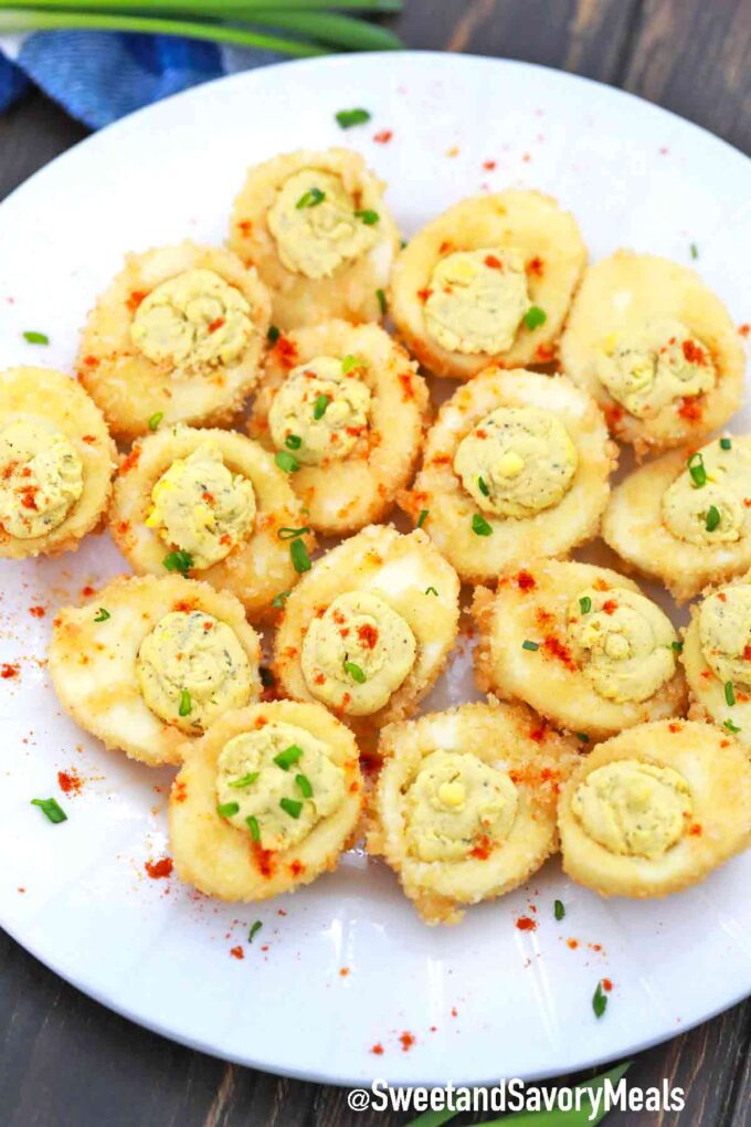 a plate of fried deviled eggs