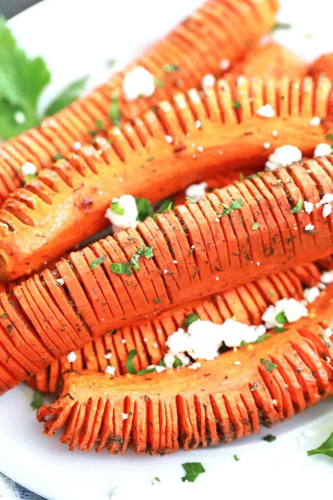 hasselback carrots topped with feta