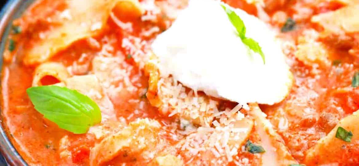 lasagna soup with cheese and basil