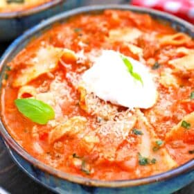 lasagna soup with cheese and basil