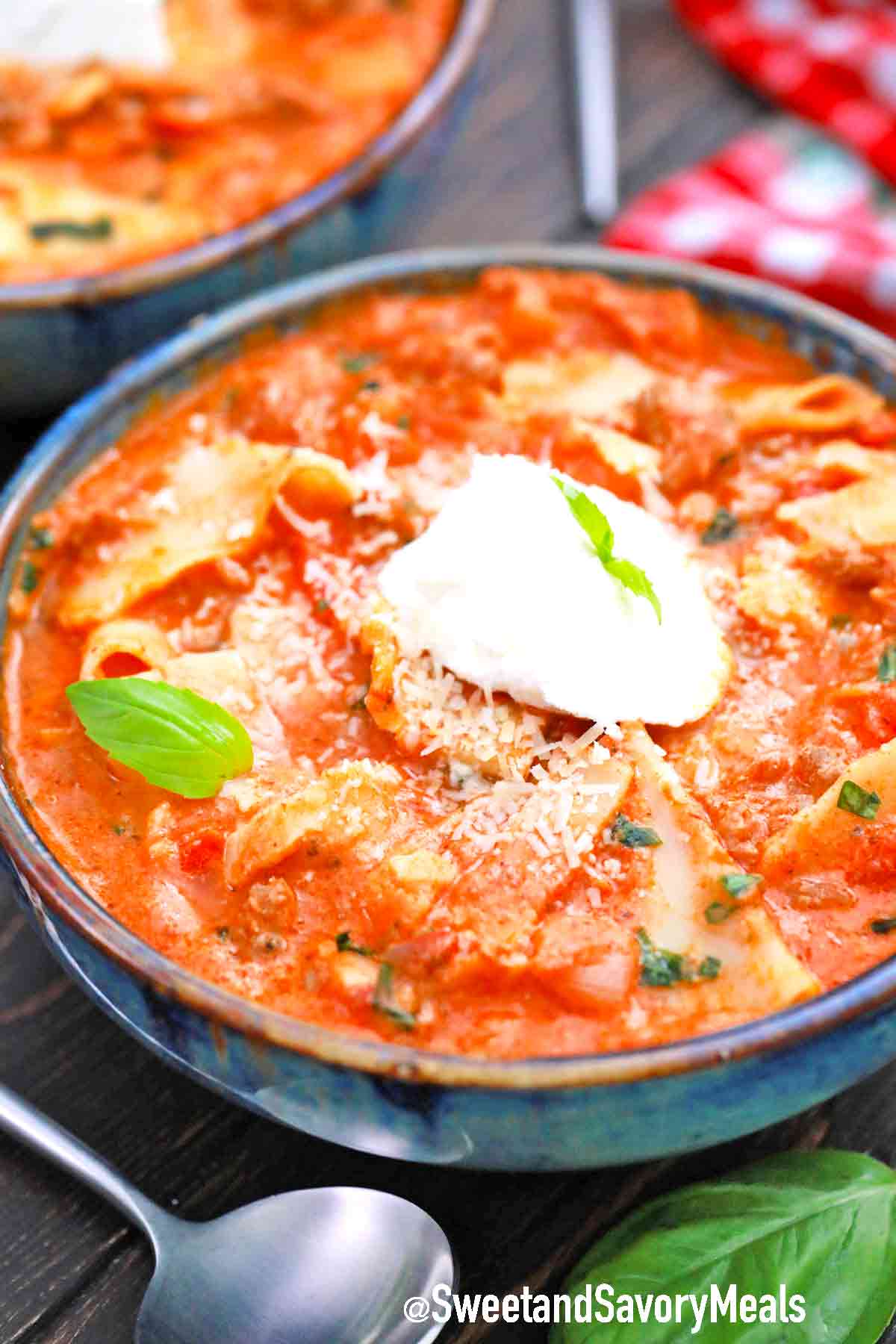 lasagna soup with cheese and basil