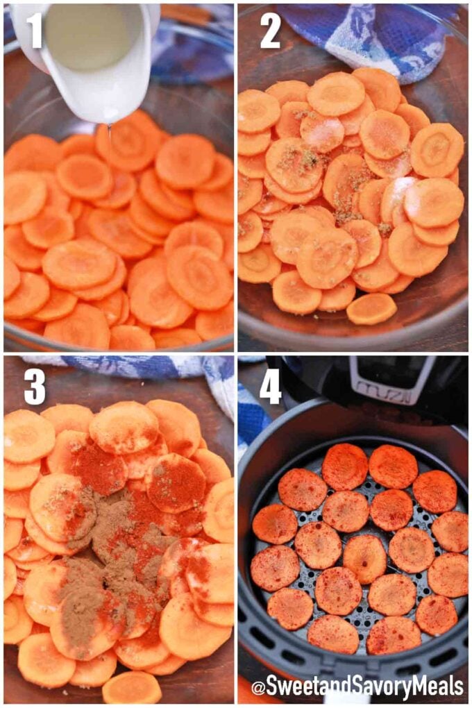 photo collage of steps how to make air fryer carrot chips