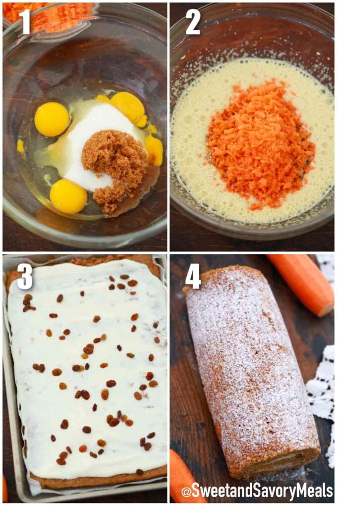 photo collage of process steps how to make carrot cake roll