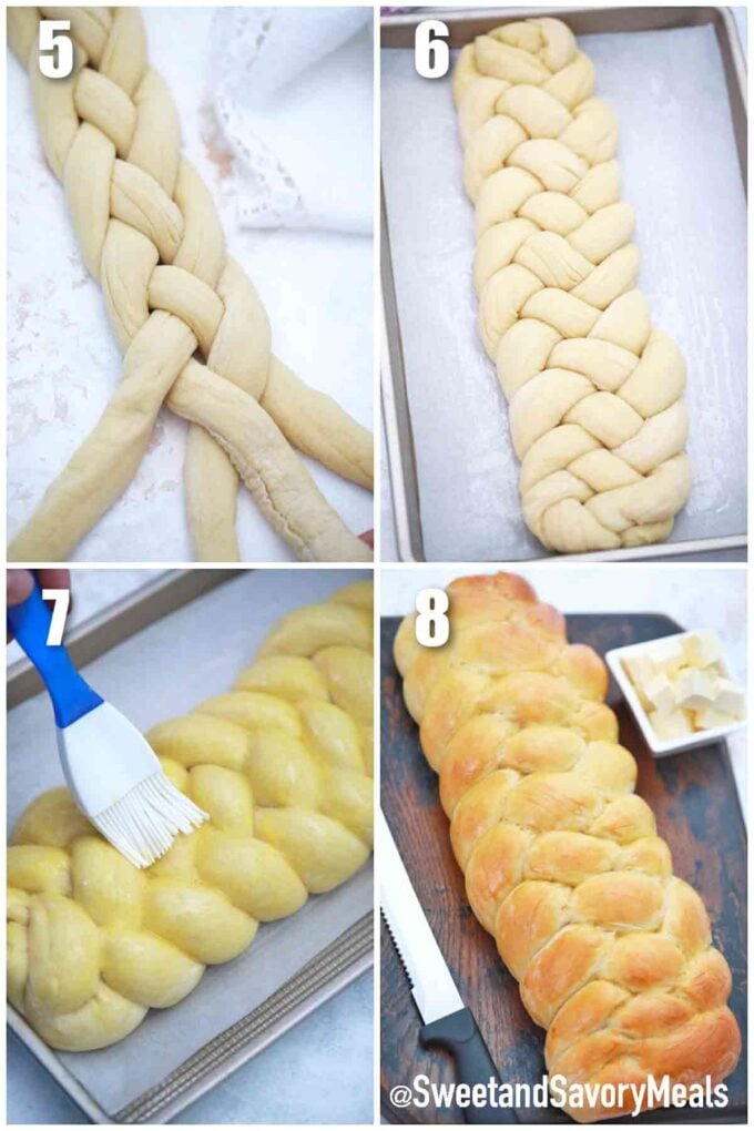 photo collage of steps how to weave challah bread