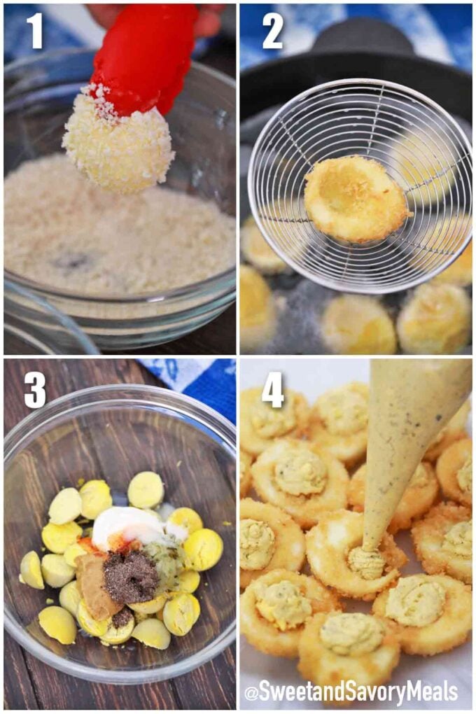 photo collage of steps how to make fried deviled eggs