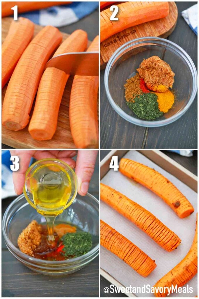 photo collage of steps how to make hasselback carrots