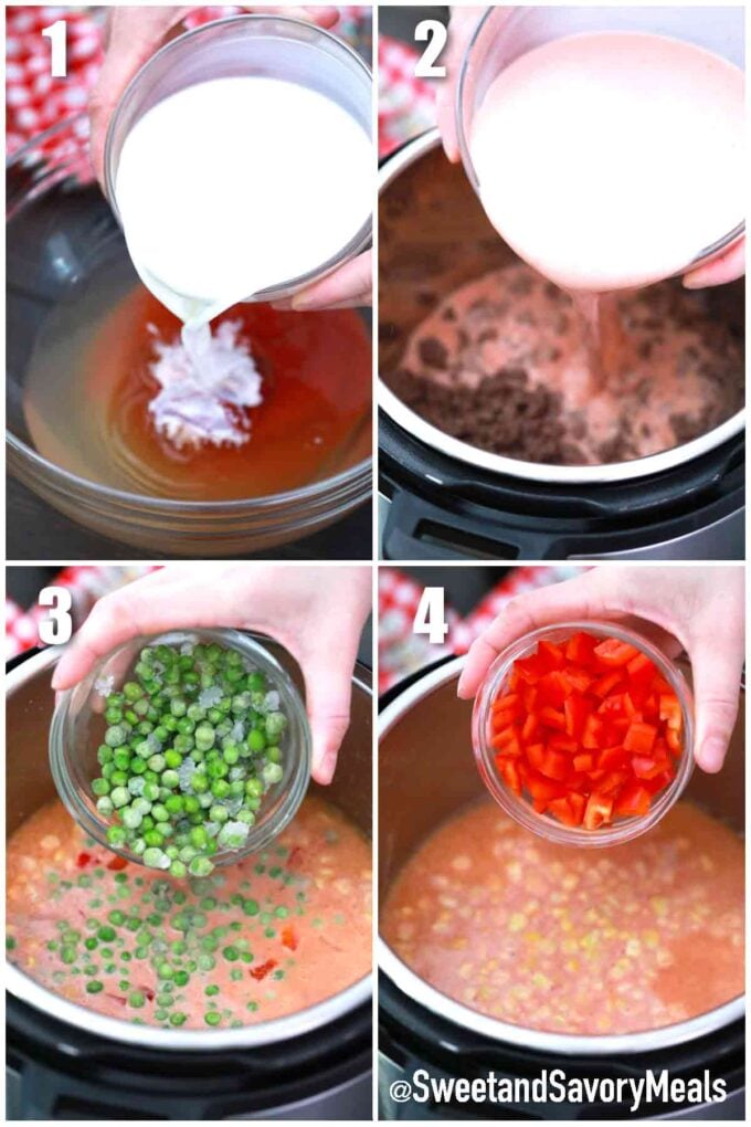 photo collage of steps how to make pressure cooker cheesy ground beef and rice
