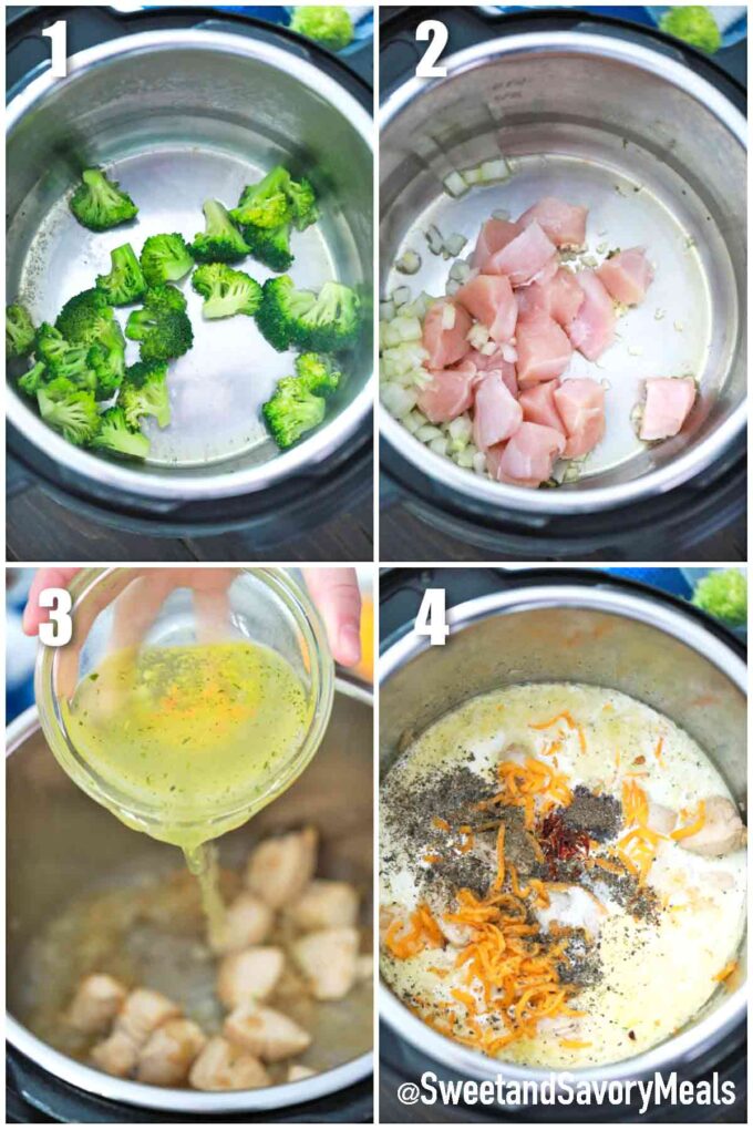 photo collage of steps how to make pressure cooker chicken broccoli pasta