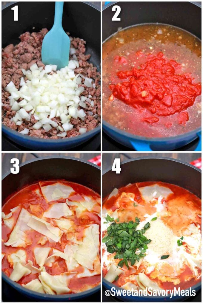 photo collage of steps how to make lasagna soup