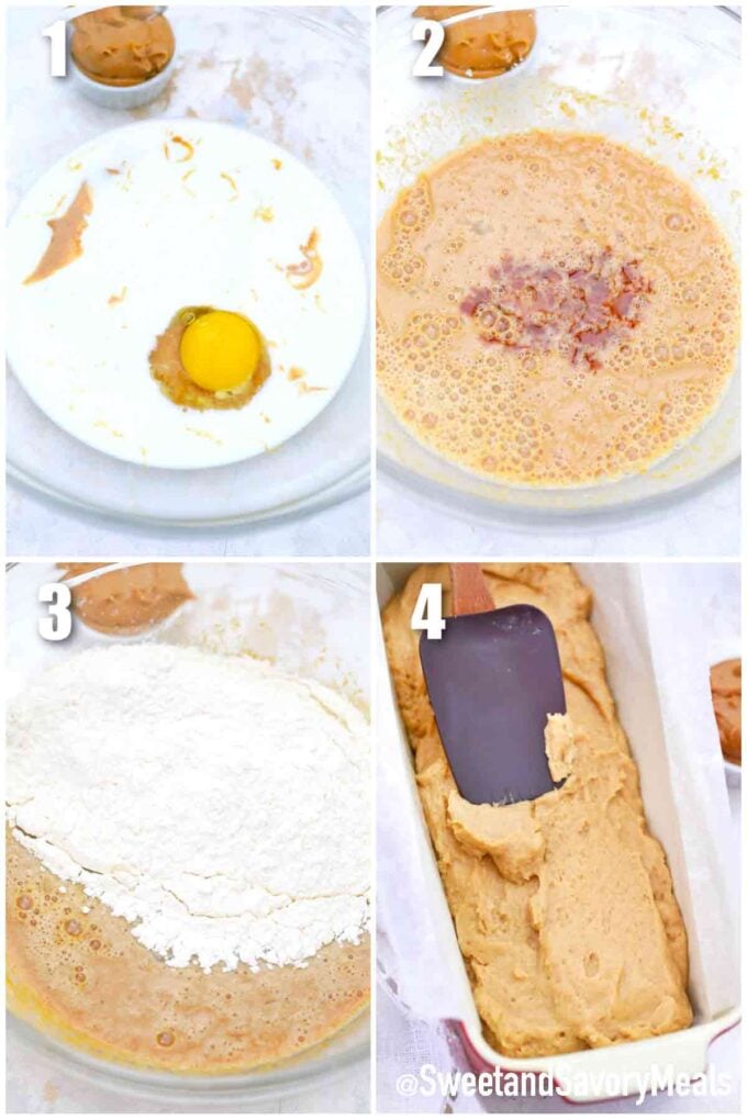 photo collage of steps how to make peanut butter bread