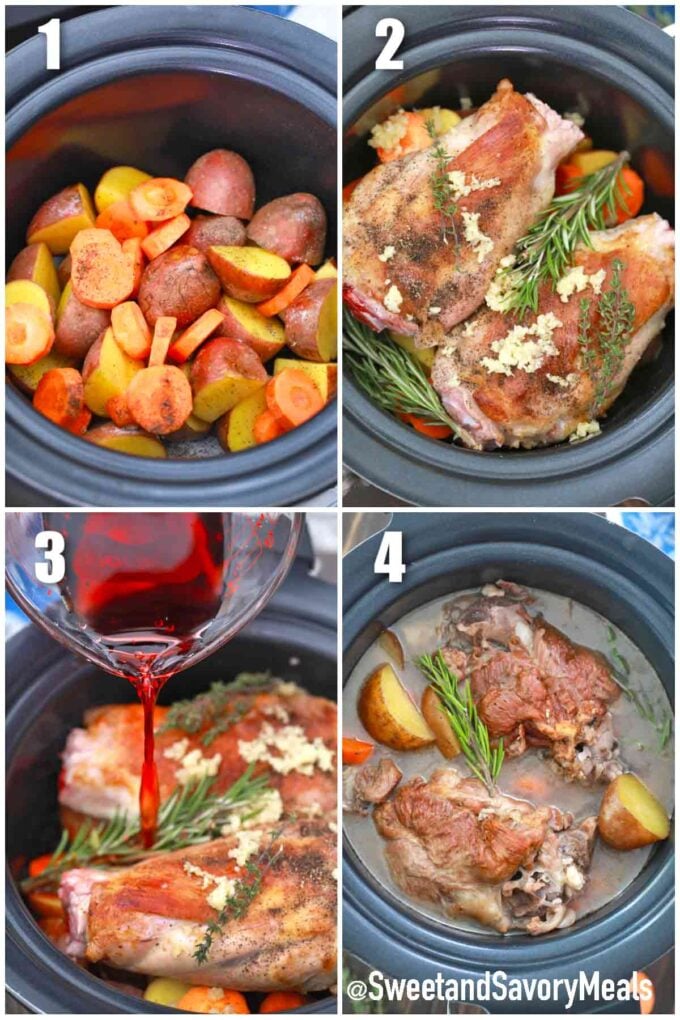 photo collage of steps how to make slow cooker leg of lamb