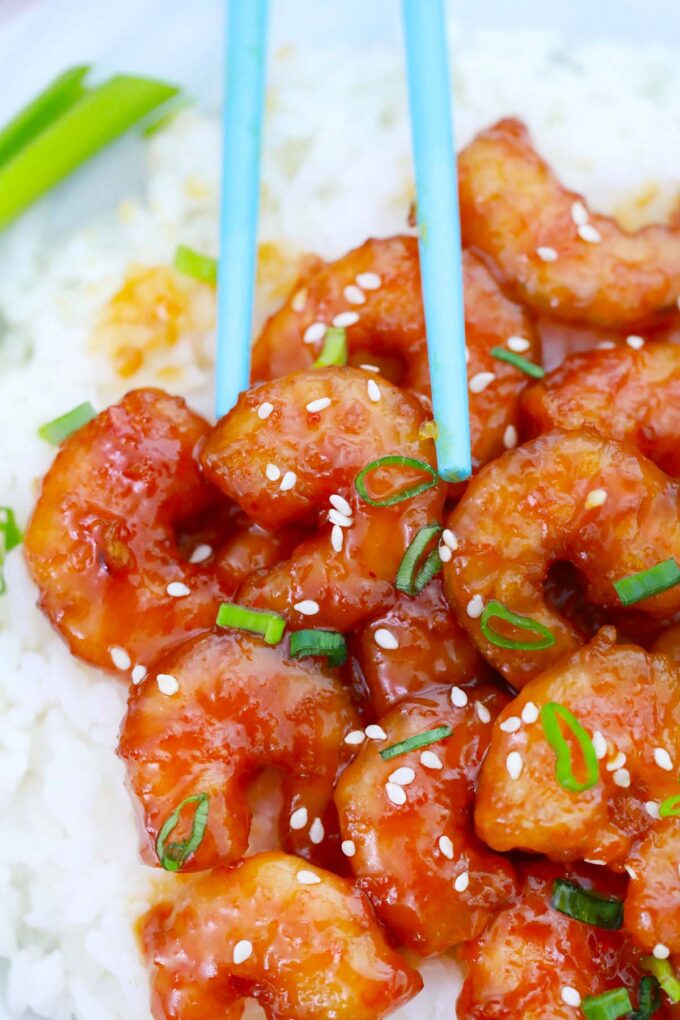 Chinese orange shrimp with white rice.