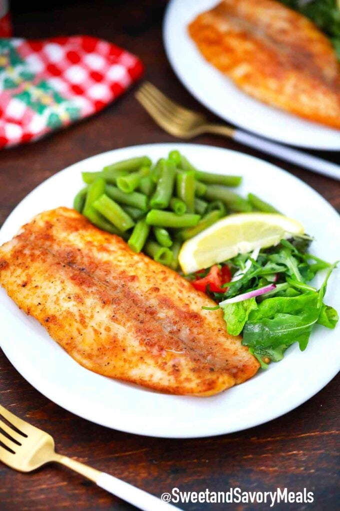 cooked tilapia fillet with green beans salad and lemon
