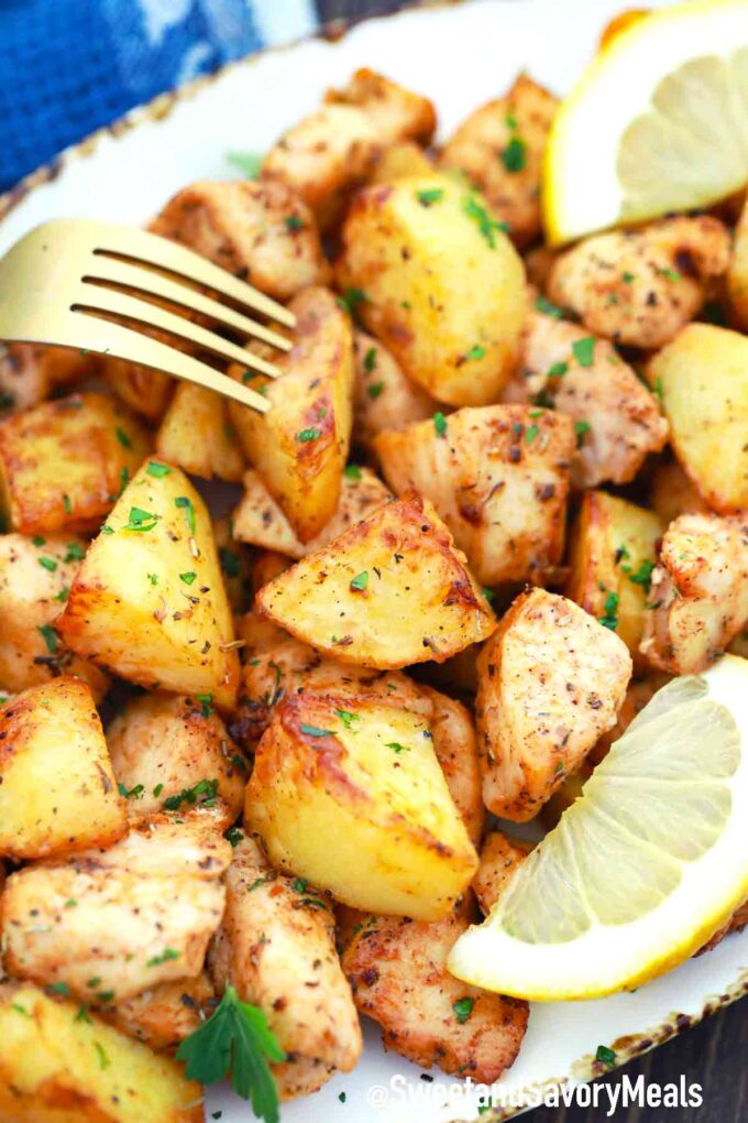 plate of crispy chicken and potatoes