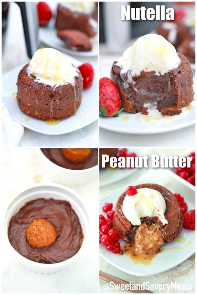 photo collage of air fryer lava cake with peanut butter and Nutella