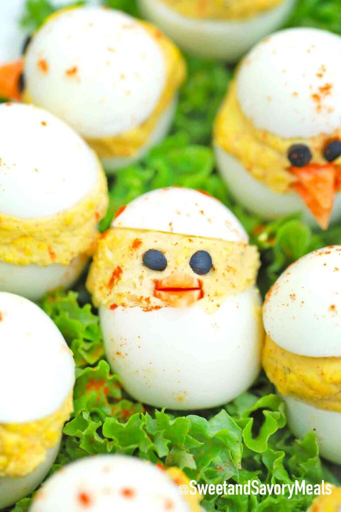 a plate of deviled egg chicks on lettuce leaves