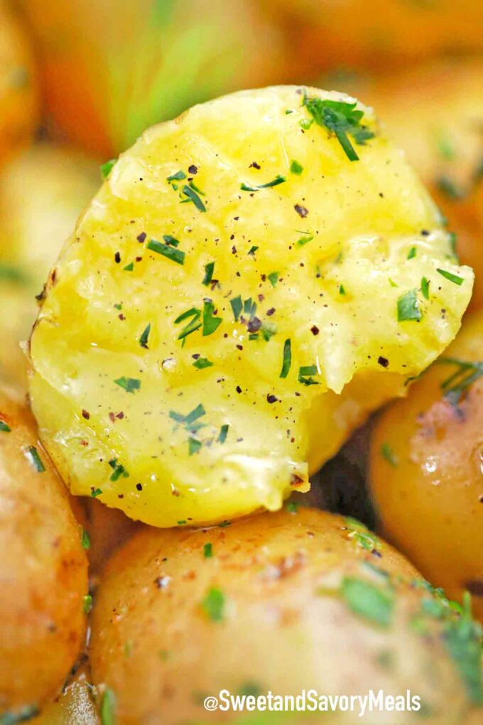 close shot of a buttery and tender center of a boiled potato