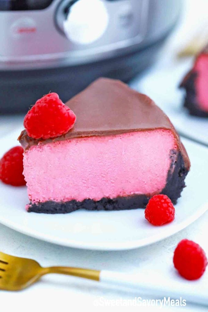 slice of instant pot raspberry cheesecake
