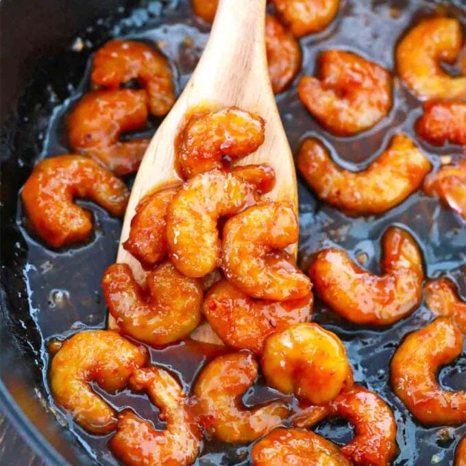 a pan of crispy orange shrimp