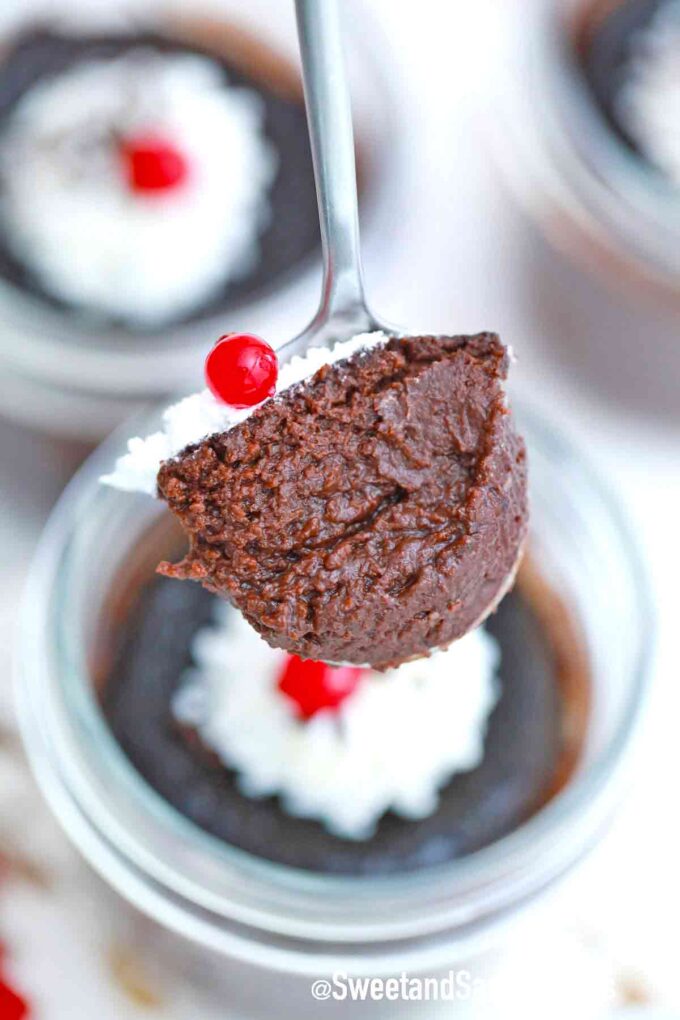 a spoonful of creamy chocolate pots de crème