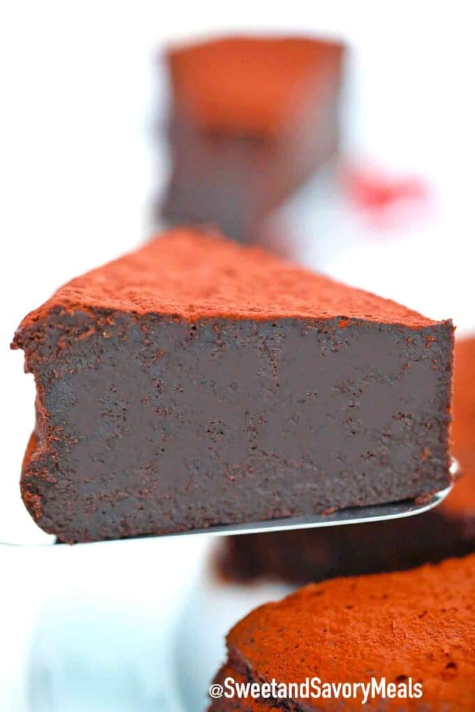 a slice of flourless chocolate cake