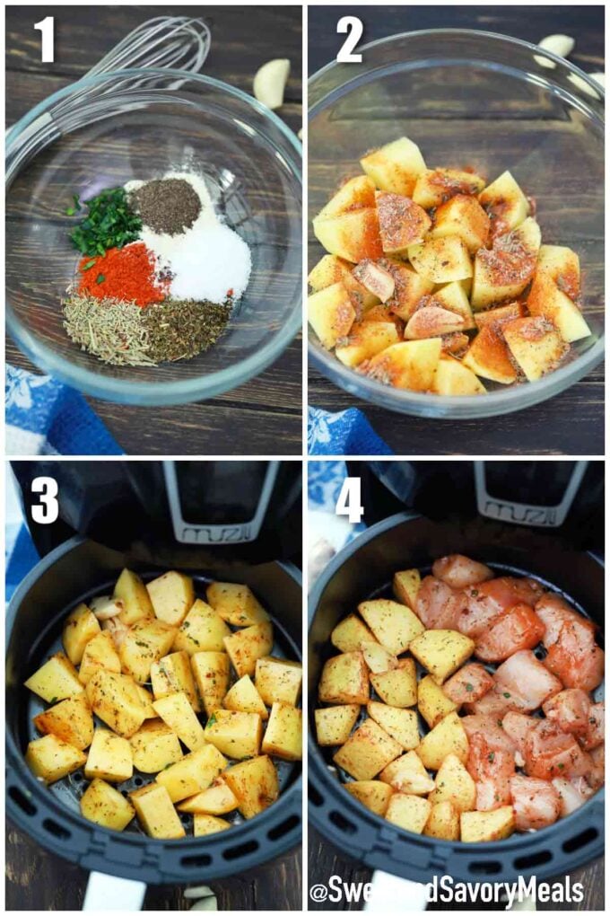 photo collage of steps how to make air fryer chicken and potatoes