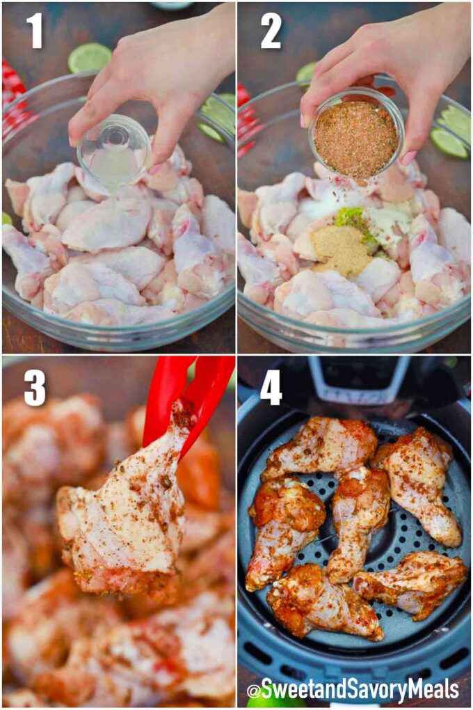 photo collage of steps how to make air fryer jerk chicken wings