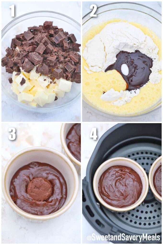 photo collage of steps how to make air fryer lava cake