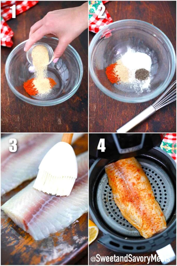 photo collage of steps how to make air fryer tilapia