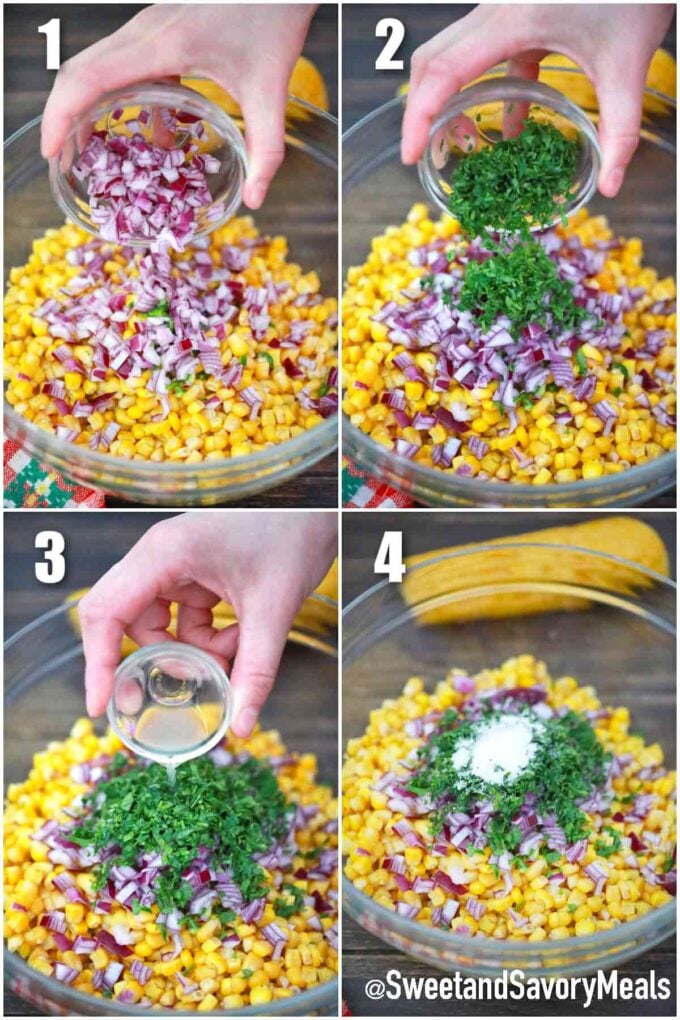 photo collage of steps how to make chipotle corn salsa