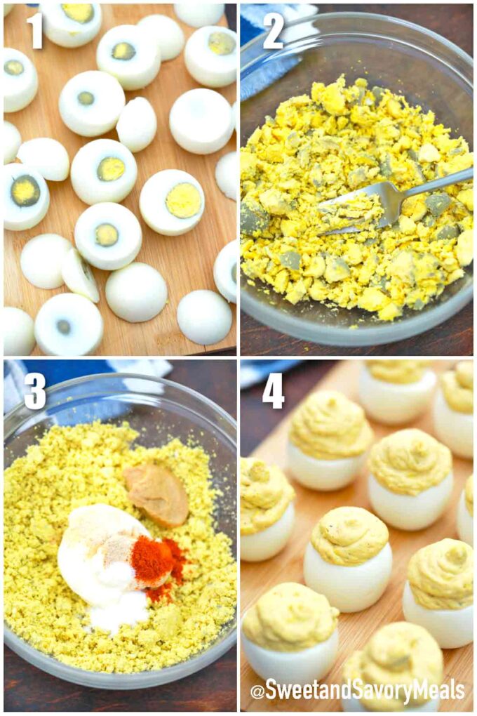 photo collage of steps how to make deviled egg chicks