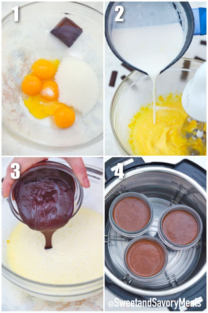 photo collage of steps how to make instant pot chocolate pots de crème