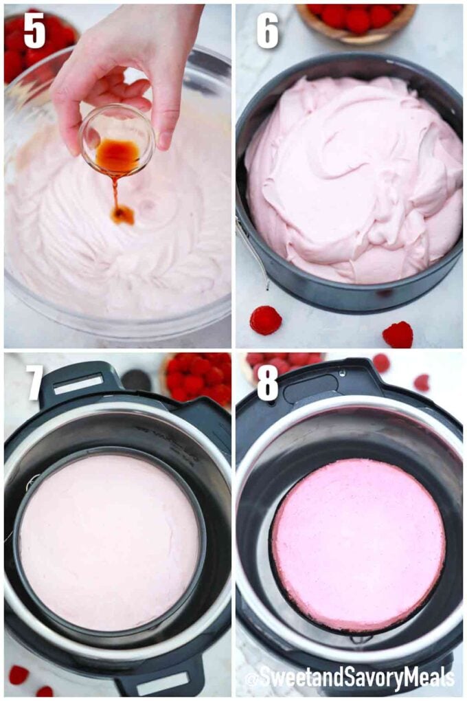 photo collage of steps how to make instant pot raspberry cheesecake