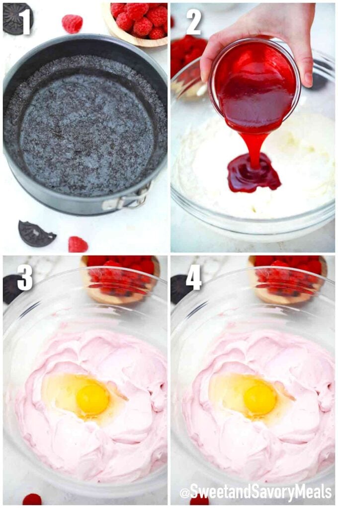 photo collage of steps how to make instant pot raspberry cheesecake batter
