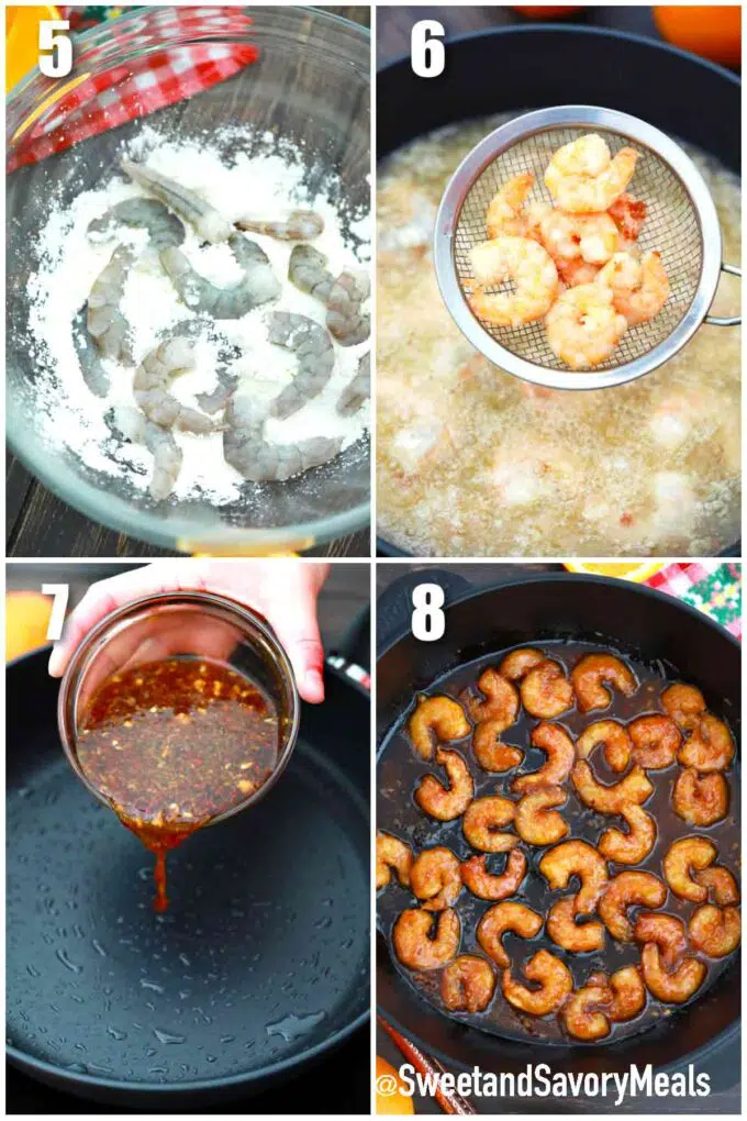 photo collage of steps how to make orange shrimp