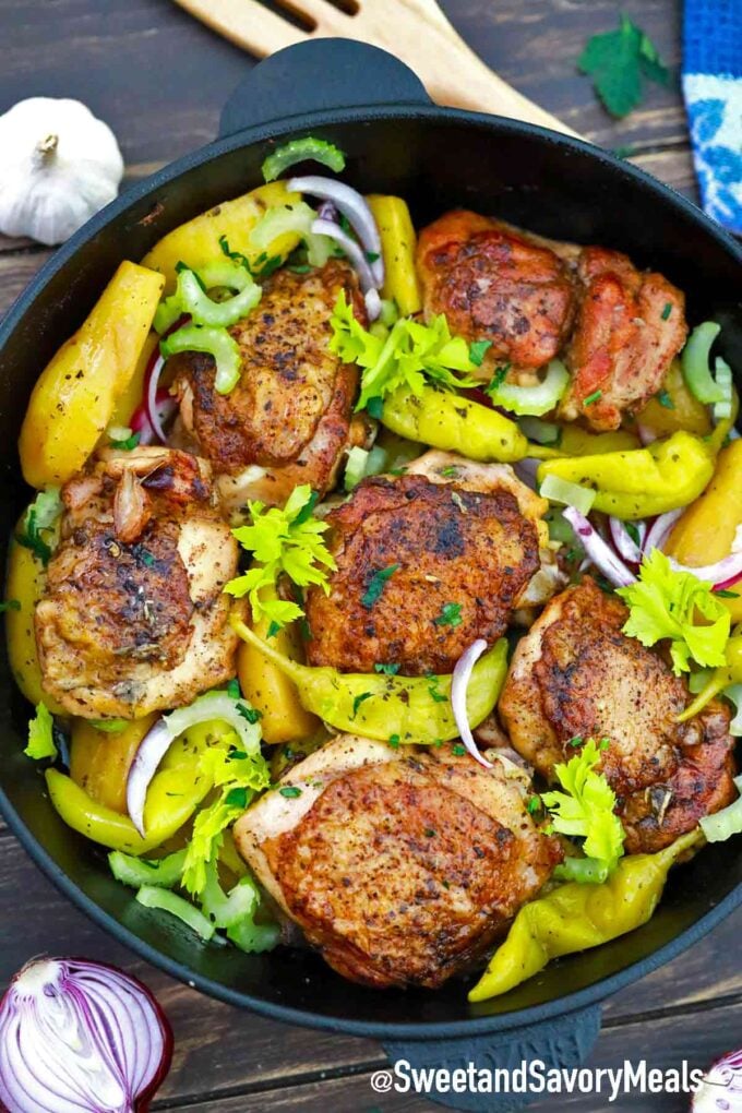 cast iron skillet of pepperoncini chicken