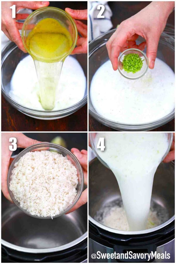 photo collage of steps How to make Instant pot coconut rice