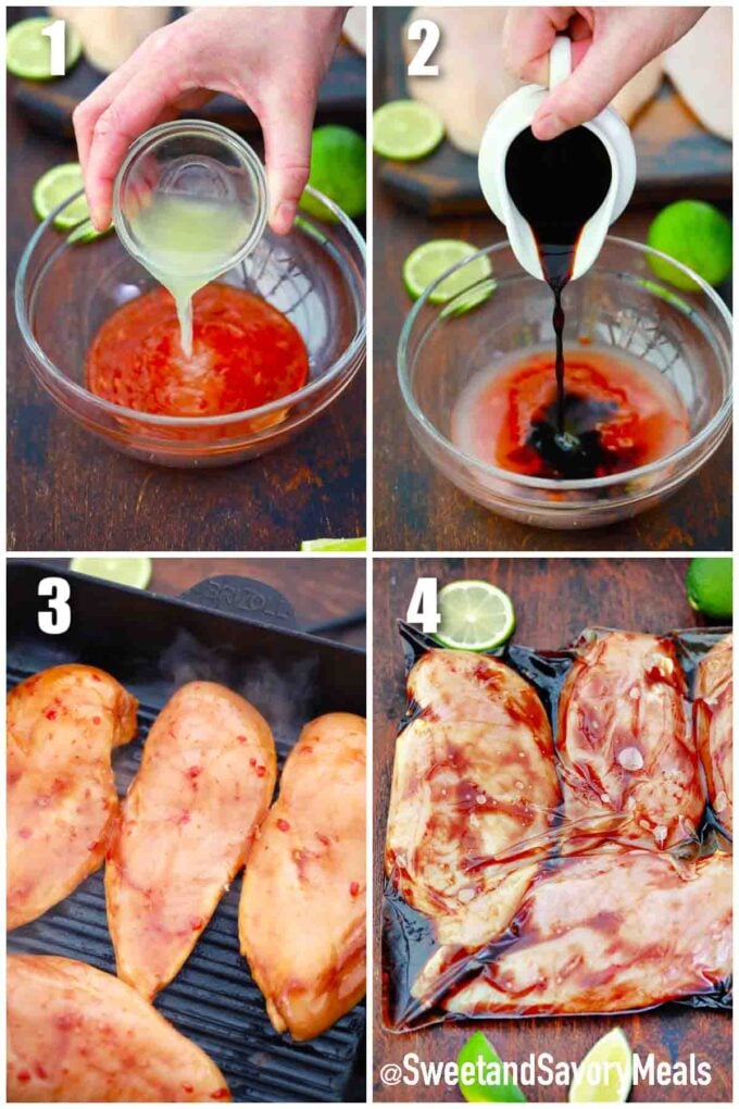 photo collage of steps how to make sweet chili lime chicken