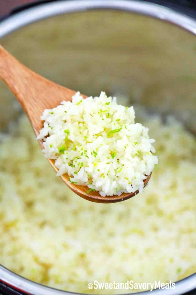 a spoonful of instant pot coconut rice with lime zest