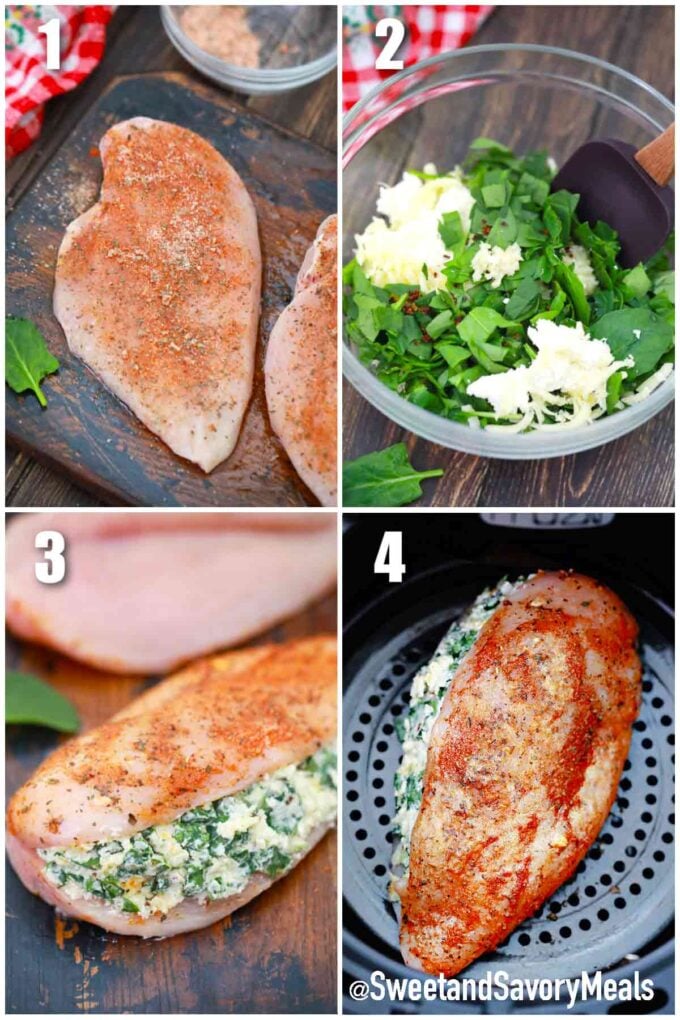 photo collage of steps how to make air fryer stuffed chicken breast