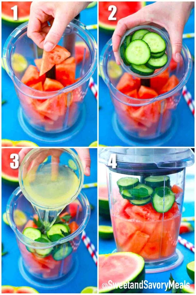 photo collage of steps how to make boozy watermelon lemonade