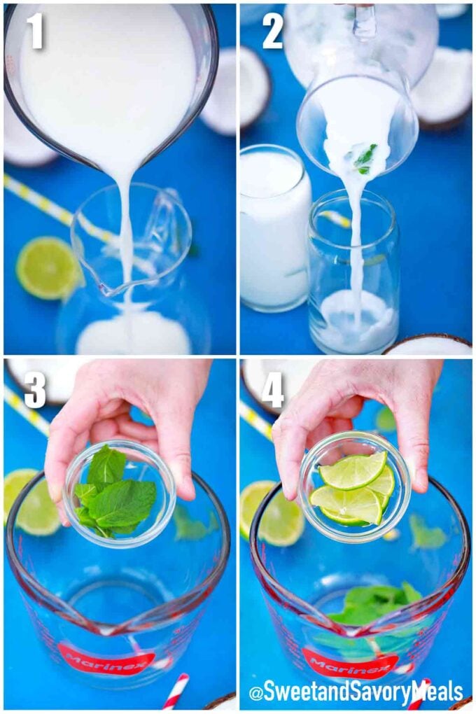photo collage of steps how to make coconut mojitos