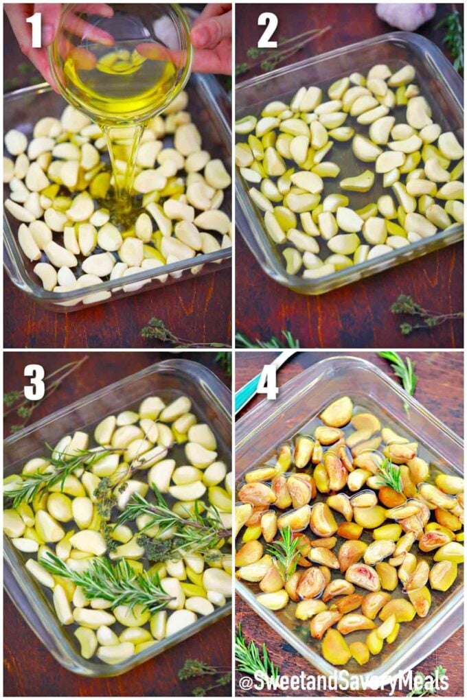 photo collage of steps how to make garlic confit and garlic oil
