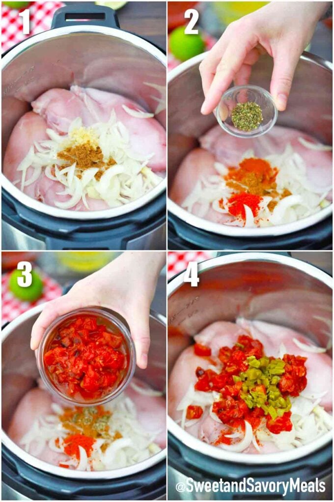 photo collage of steps how to make instant pot Mexican chicken using chicken breast