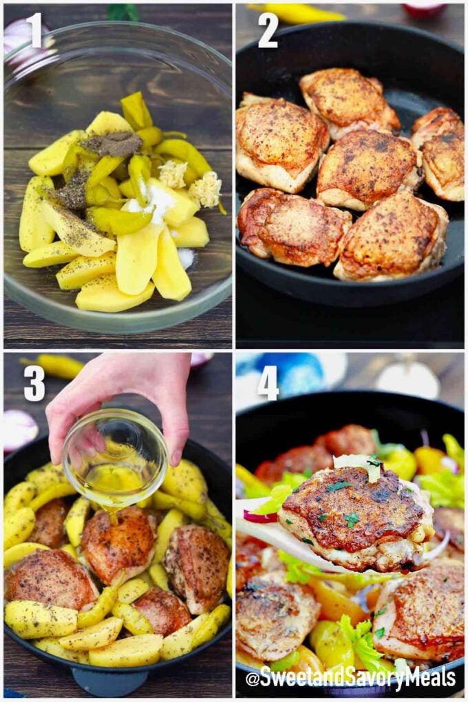 photo collage of steps how to make pepperoncini chicken