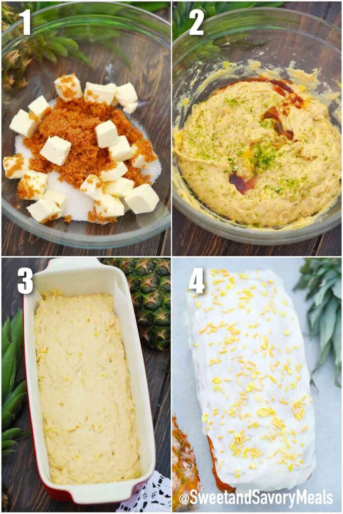 photo collage of steps how to make pineapple bread