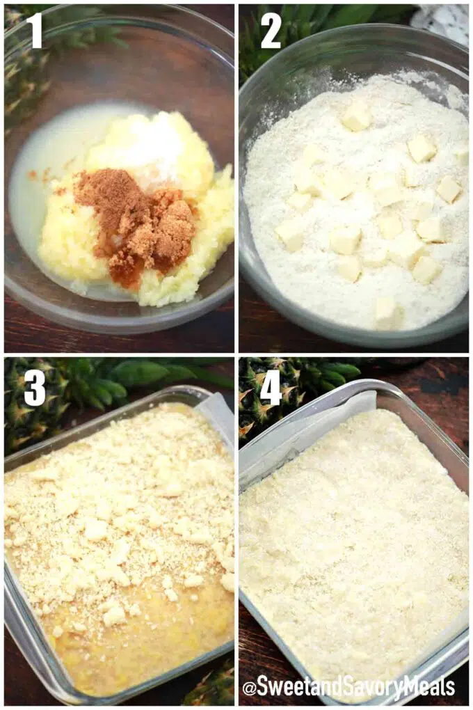 photo collage of steps how to make pineapple crumb bars