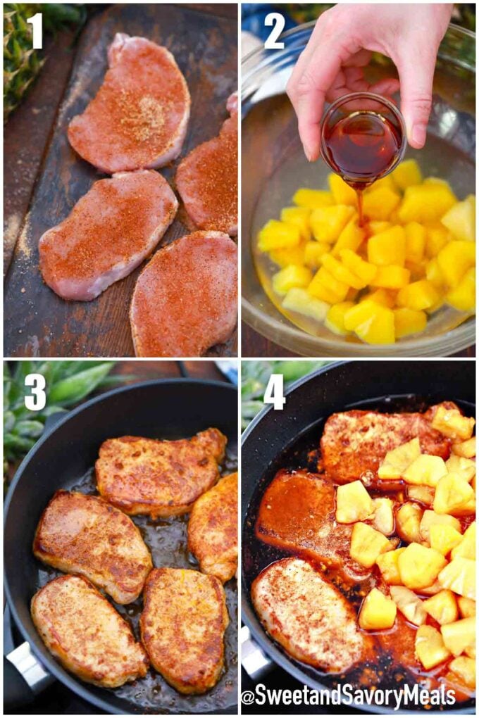 photo collage of steps how to make pineapple pork chops