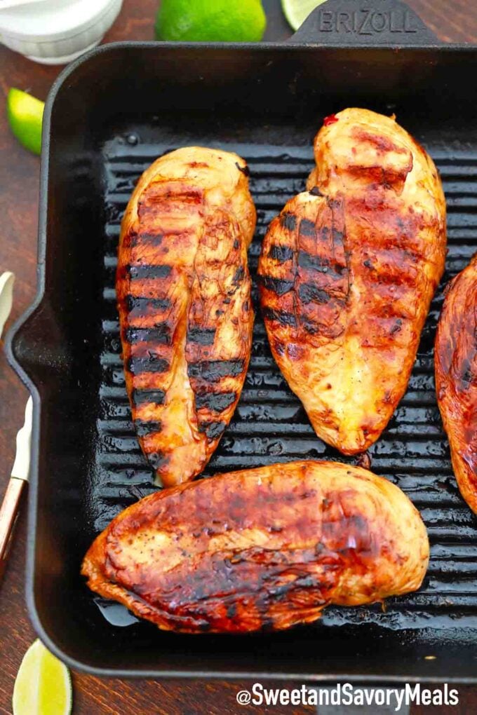 grilled chicken breast in a cast iron grill pan